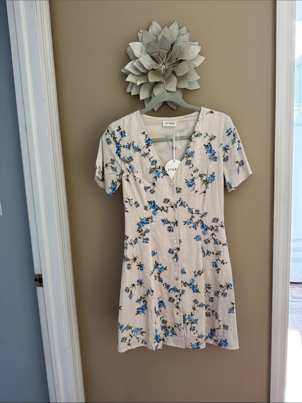 Storia Cream Mini Dress with Blue Floral Accents